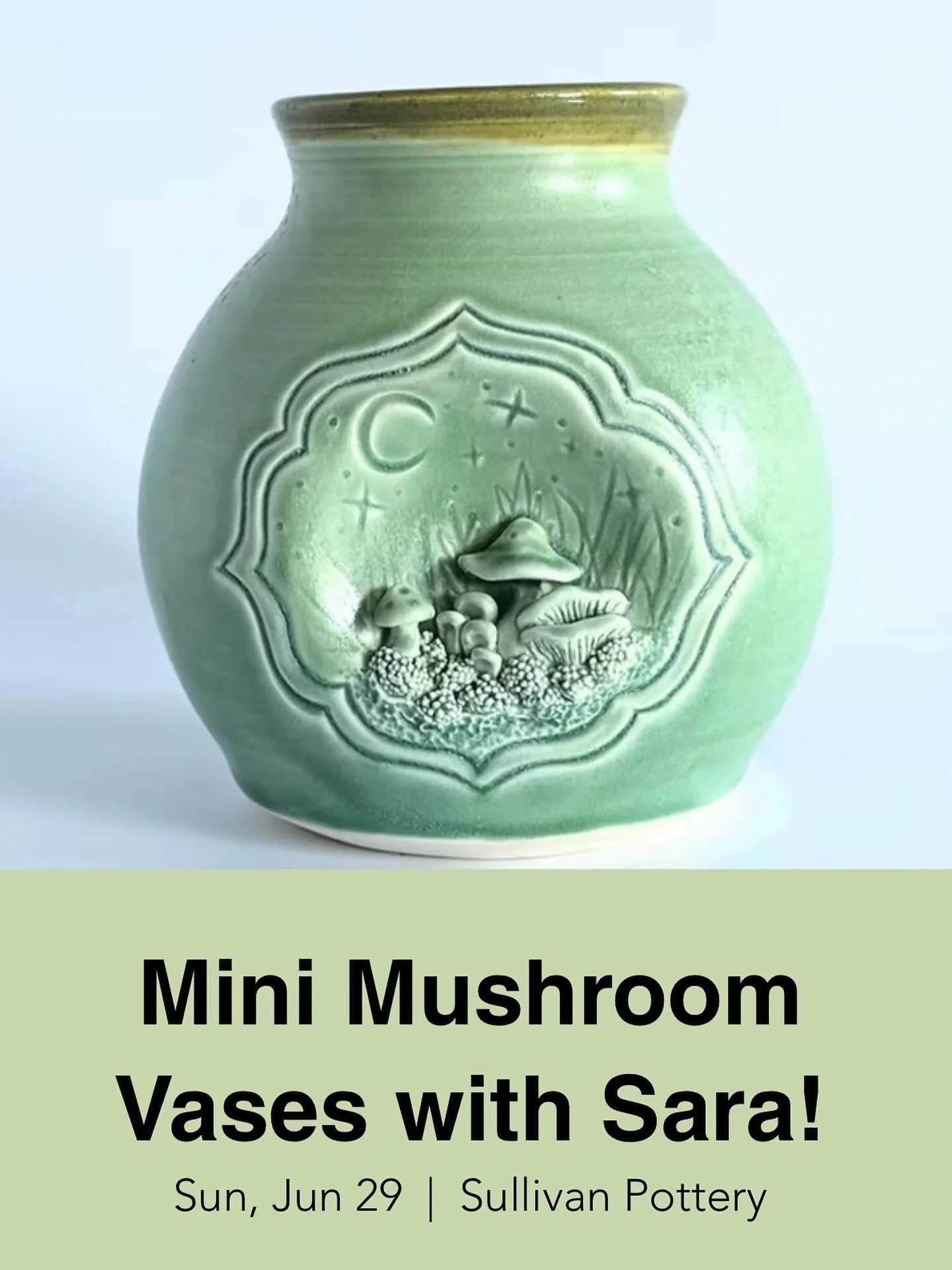Join me for a fun workshop making your own mini magical mushroom scene on a vase! Visit @sullivanpotteryhsv to register or copy the link below! 

https://www.sullivanpotteryhsv.com/event-details-registration/mini-mushroom-vases-with-sara