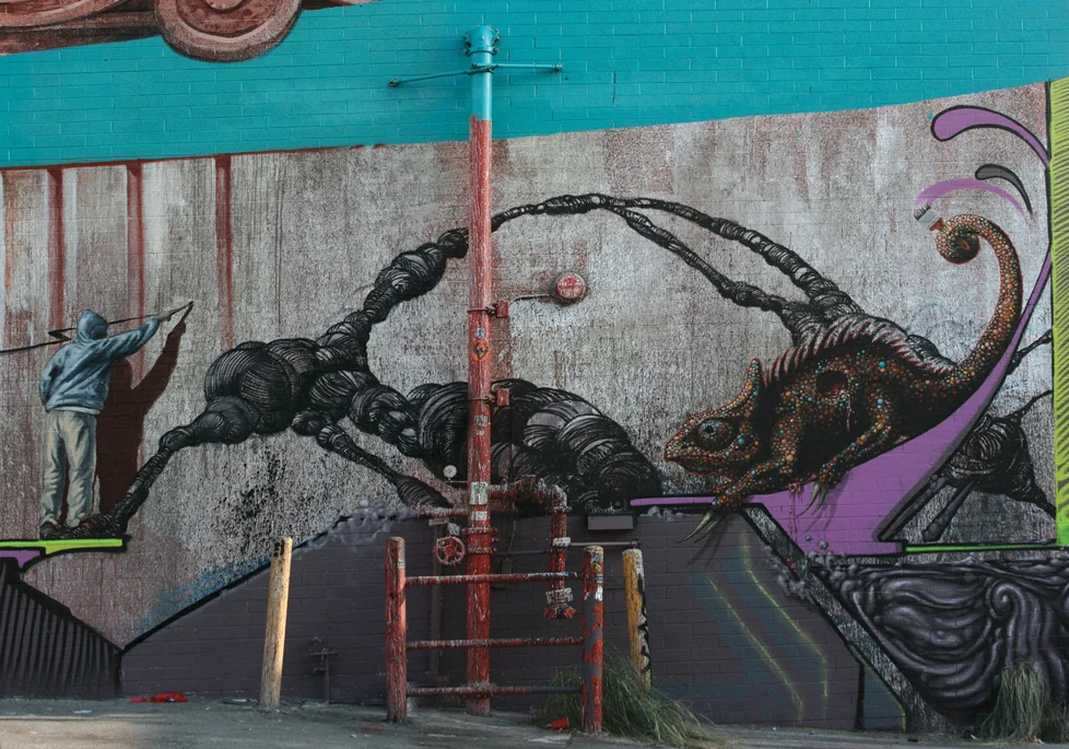 Evan Skrederstu, Christopher Brand, Jose Lopez, Steve Martinez & Sergio Diaz. Detail. Spring Street - Downtown Los Angeles, CA. 2011.