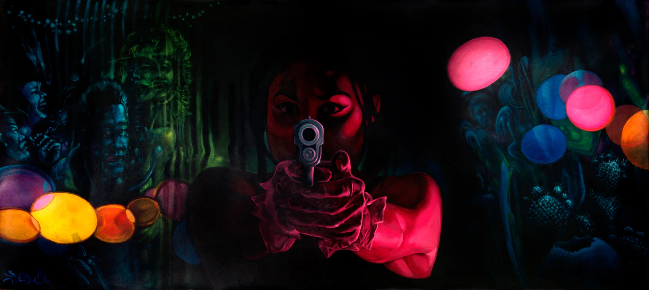Evan Skrederstu, Christopher Brand & Steve Martinez. Special Dedication . 2015 - acrylic on fabric, 60” x 132”.