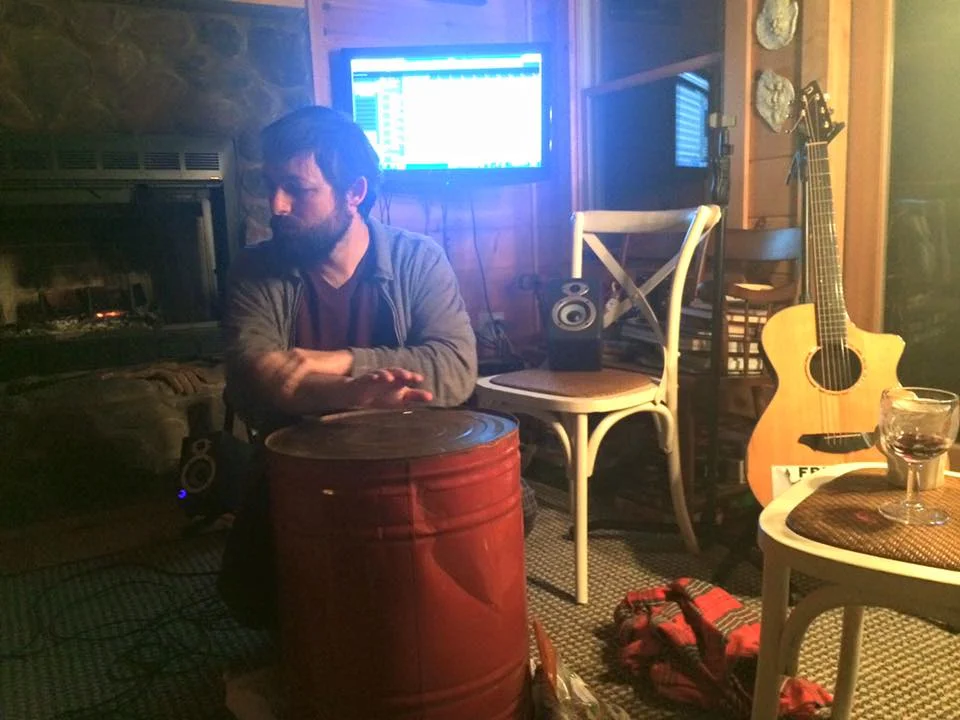 Paul tracking percussion on "Echoes of a Whole" at Tim's cabin in Blue Ridge mountains.