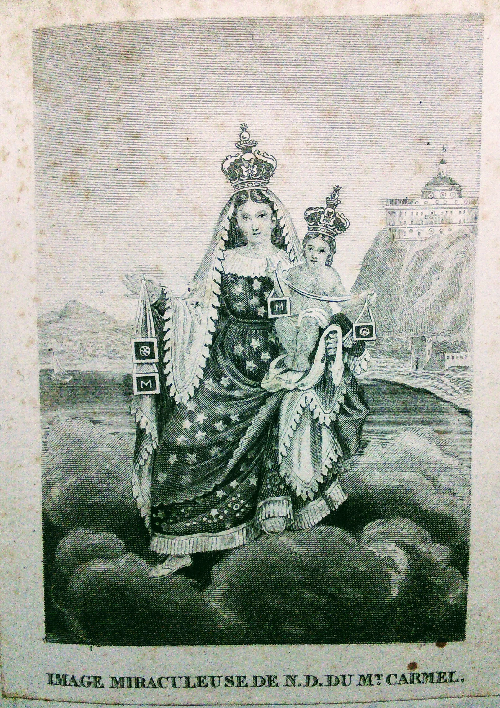 Prayer card of Our Lady of Mount Carmel holding out towards her scapulars, a saint to whom Margaret Coulston had great devotion.