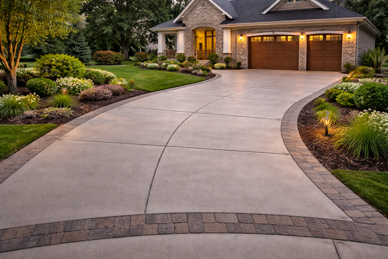 Driveways Enhance your home's curb appeal with custom-designed drive.A driveway with a curved design leading to a house with a stone and wood exterior, surrounded by landscaped garden beds with various plants, flowers, and landscape lighting at dusk.