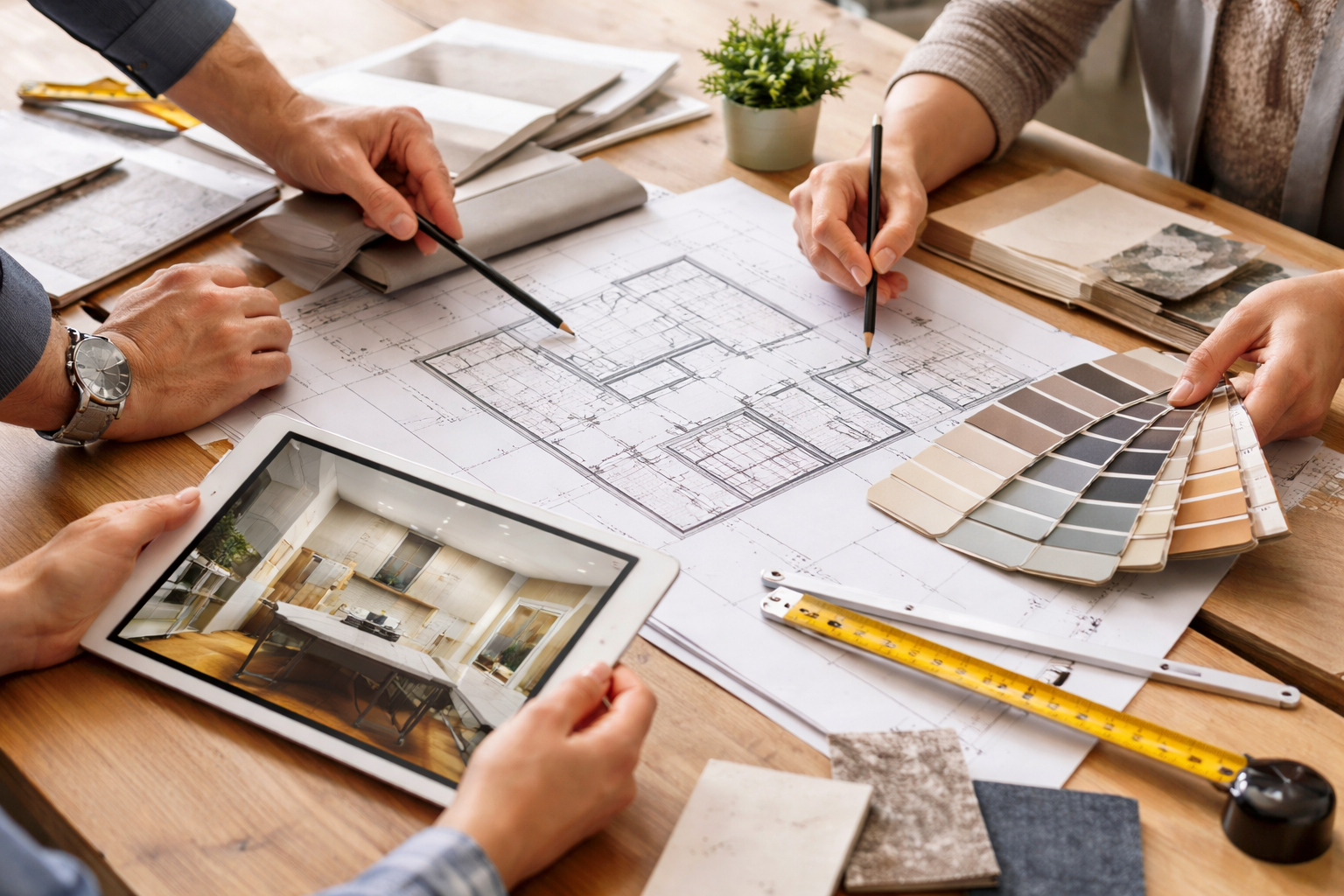 Designing & Planning
Our design and planning services ensure your project is executed flawlessly from concept to completion.
Architectural team reviewing house blueprints, sample paint swatches, and interior photos at a work table.
