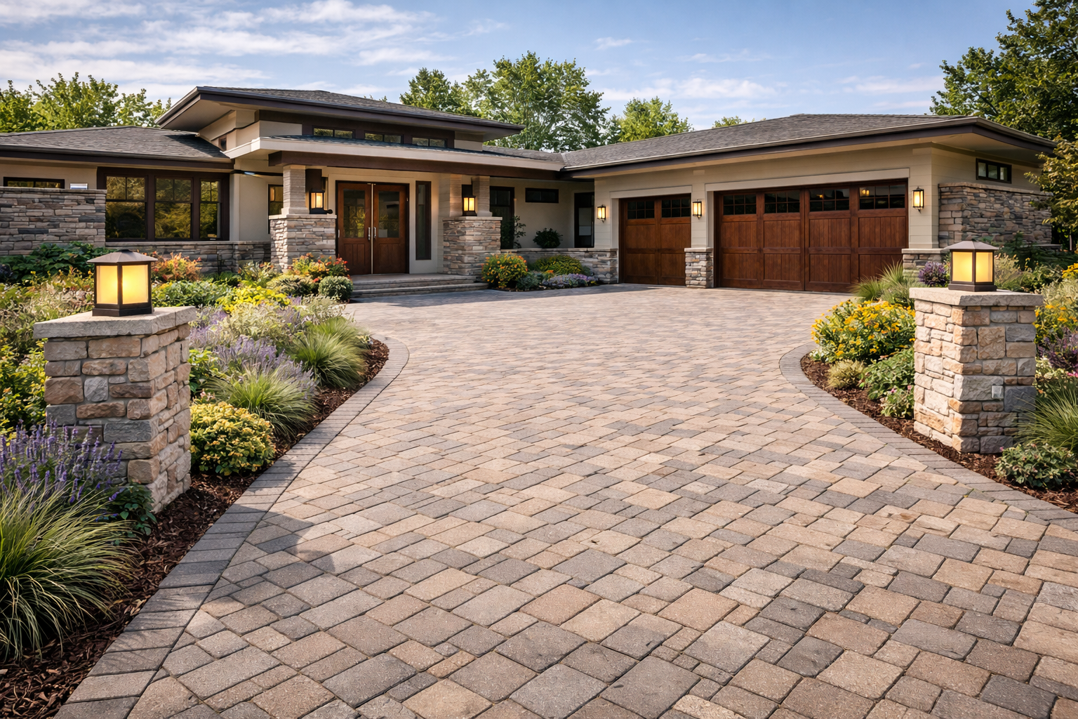 Pavers. Create stunning outdoor surfaces with our versatile and durable paver solutions.Paved driveway leading up to a modern house with a stone and wood exterior.
