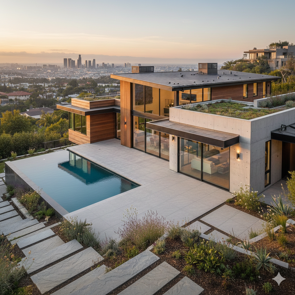 Custom Build/Remodel Homes
Whether building from scratch or remodeling, we bring your vision to life with meticulous attention.
Modern house with large glass windows, outdoor swimming pool, and garden on a hillside