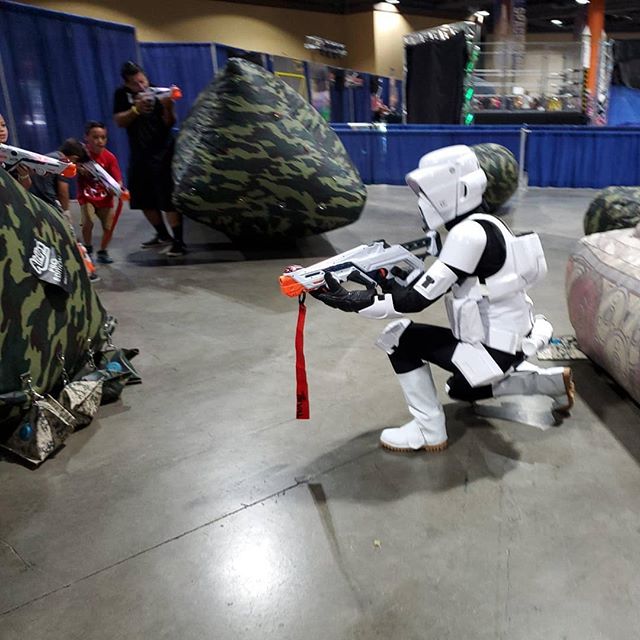 Scout Trooper defending the Empire.
We're ready for another great day at the #longbeachcomiccon with laser tag on the show floor and an epic #Nerf war in room 102 (near check-in). #PartyXtreme #starwars #nerf #lasertag