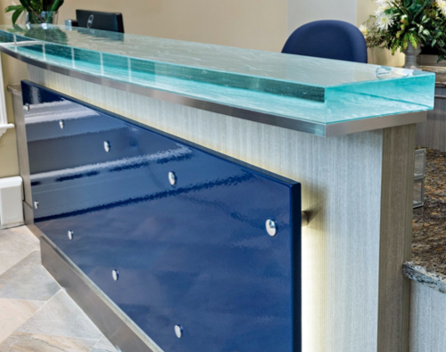 Reception counter, Indigo glaze. Private office, Norwell, MA.