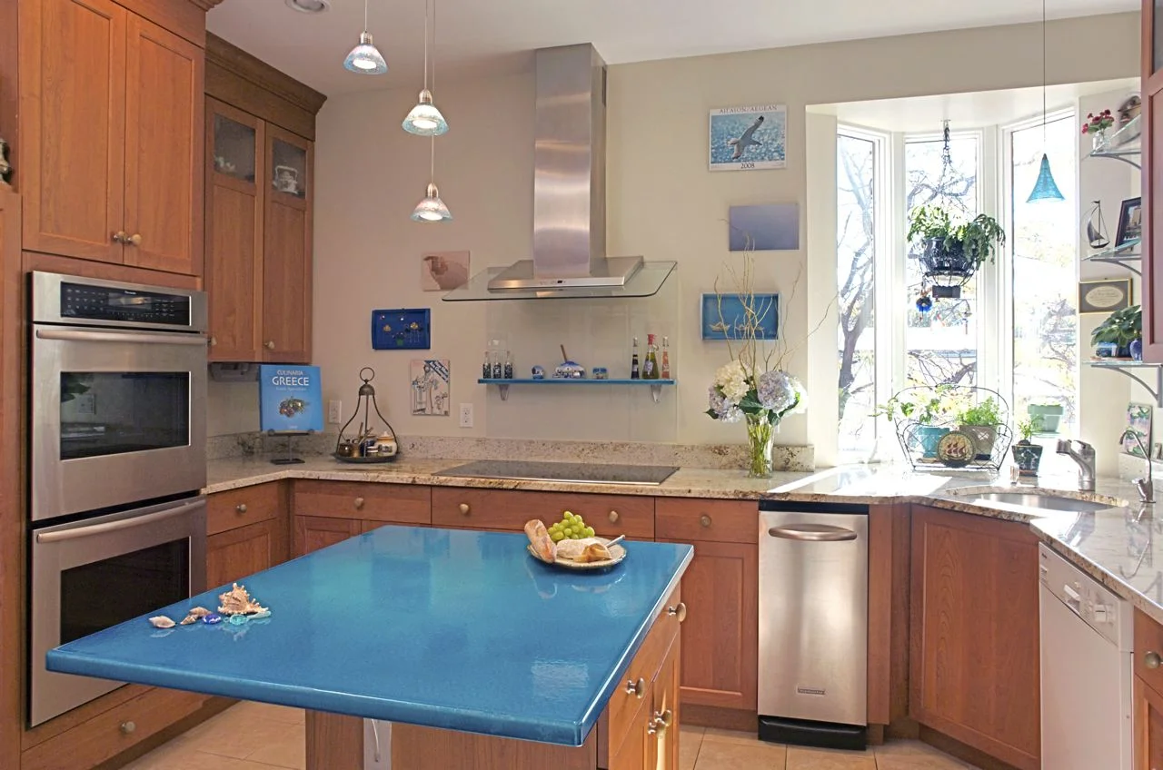 Kitchen Island and custom shelving, bespoke glaze. Private residence, Brookline, MA.