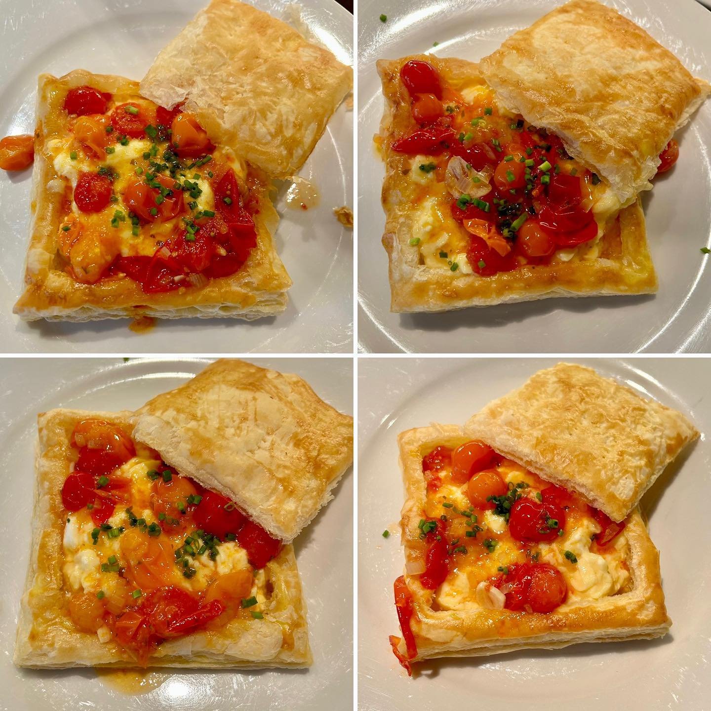 Something new!  Took a @foodandwine recipe and morphed it into breakfast!  Puff pastry boats with goat cheese scrambled eggs with confit cherry tomatoes!  #newbreakfastrecipe #bedandbreakfast #napavalley #winecountry #visitnapavalley #visitcalistoga 