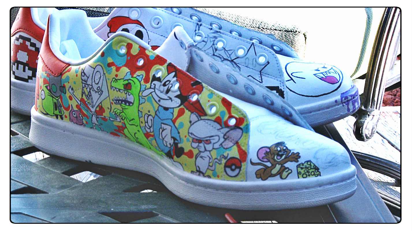 His shoe art combines pop culture references from television shows and video games.