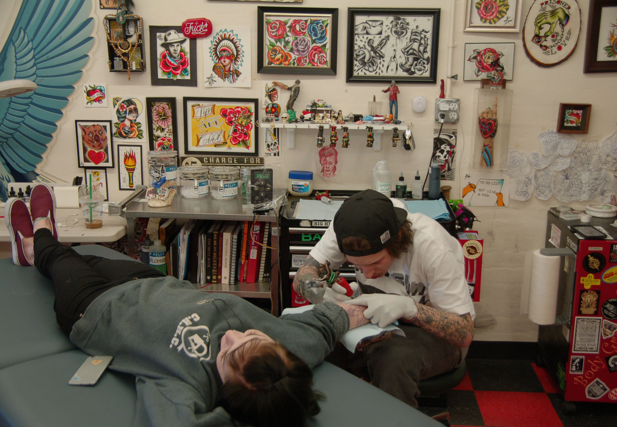 Destany Swan was having Stewart tattoo a flower on her right arm on March 13, 2016. "Anthony is super talented," Swan said. "I like his line work, we have a lot of similar interests in tattoos. So many of my friends' dads have been tattooed here. It's just an amazing place."