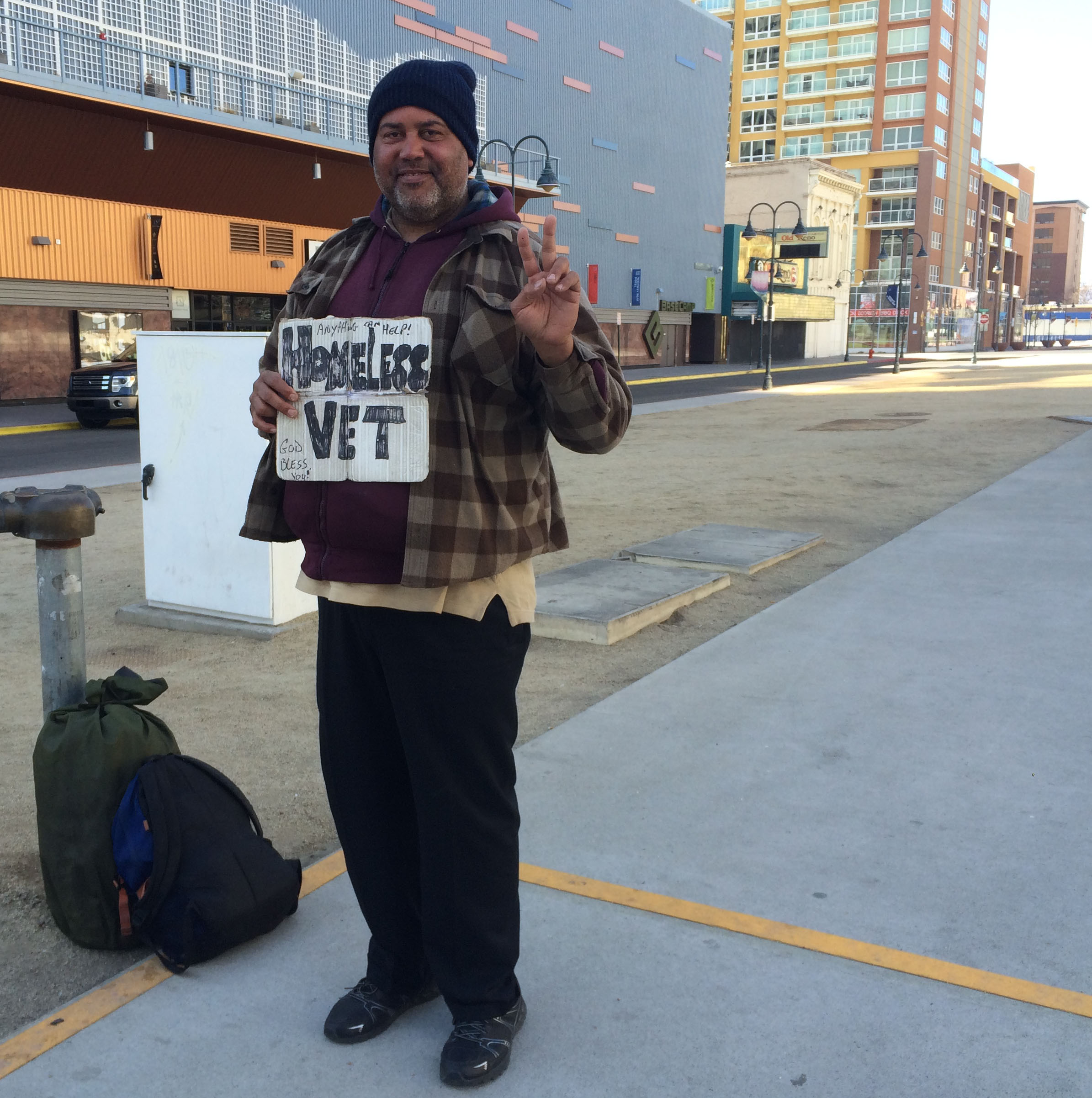 Stephen, a homeless vet in downtown Reno, gives a friendly smile. Photo by Marina Princeau for Our Town Reno.