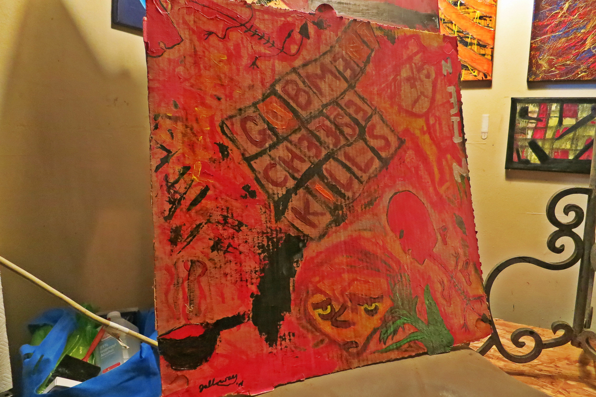 His first painting on cardboard was based on an inside joke.