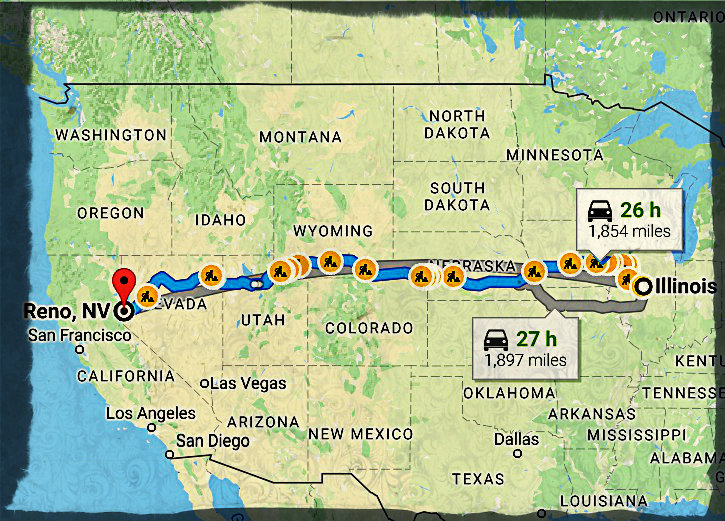 His last road trip was when friends alerted to his misfortunes in Illinois through Facebook, but already in the area, went to pick him up and then dropped him off in Reno.
