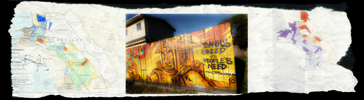 A collage of recent media about gentrification in Oakland.