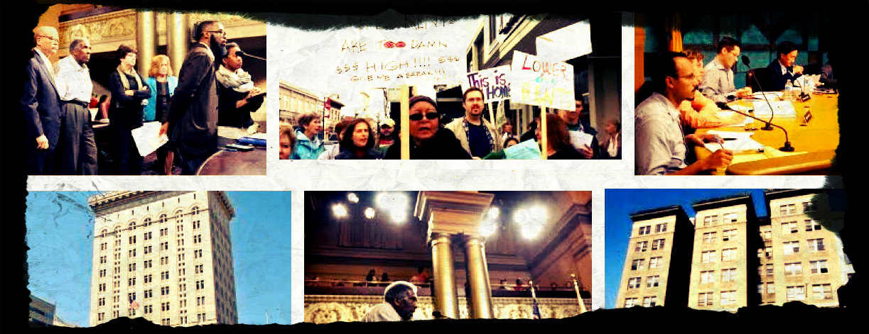 A collage of recent media photos in articles about evictions and high rents in Oakland.