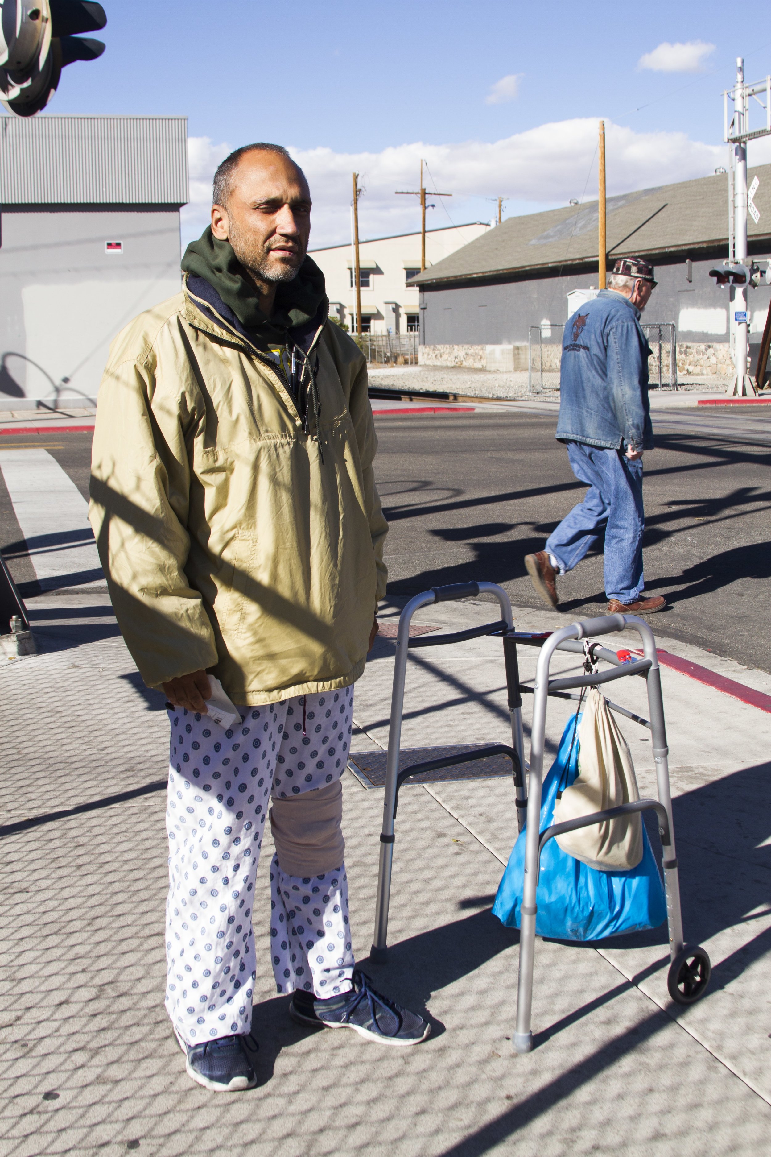 Our Town Reno first met Perez in early November. We wrote a story on people’s outlook for the U.S. election. We met him on Fourth Street in downtown Reno. He was wearing a hospital gown and was slowly shuffling down the sidewalk with assistance from a walker.