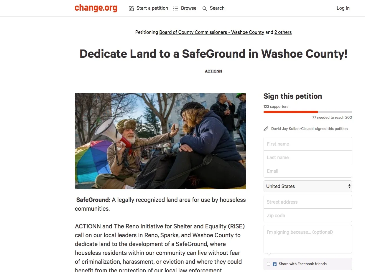 According to the petition .... "A SafeGround provides an alternate and temporary location to increase our service capacity for houseless community residents to live in a safe area where they have access to services and training that will provide them entry into community-building, outreach, employment, and permanent housing."