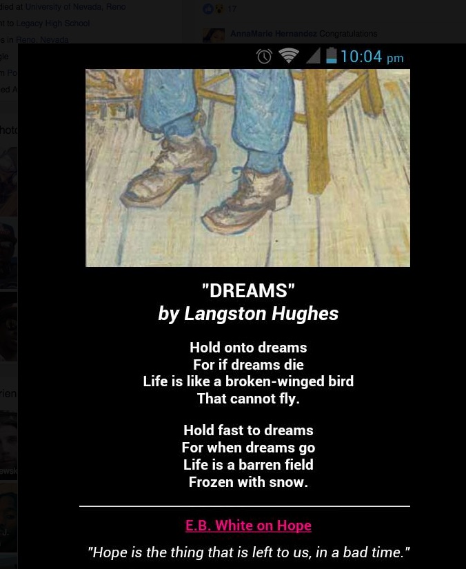 The banner photo from EJ's Facebook page is an inspirational poem by Langston Hughes.