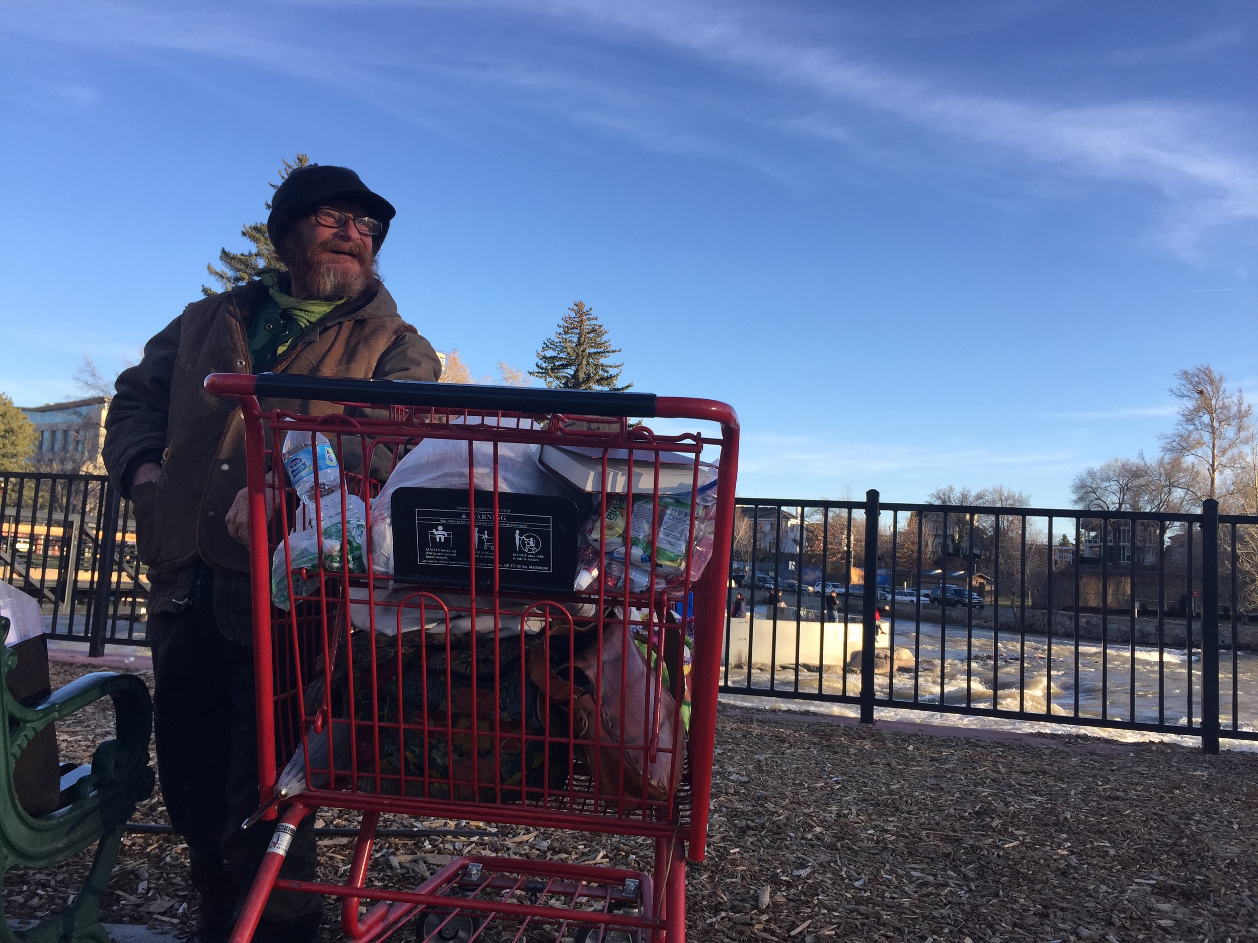 After taking a picture of him previously while he was panhandling in the sun, Our Town Reno met up again with Hobo, who says his real name is Leroy. Photo by Danielle DeRosa
