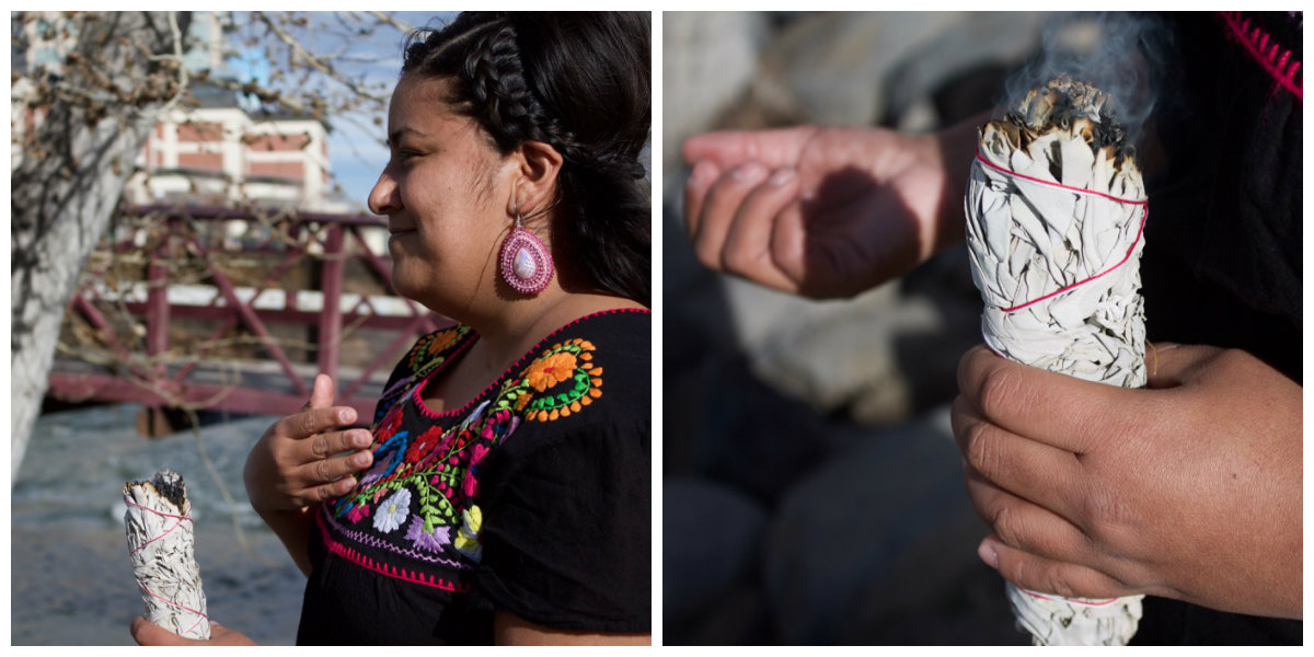 Ramirez, dressed in her traditional garb, burned sage near the Truckee River in Reno. “Sage is important because it’s a very sacred medicine here in this territory and for me the way I like to honor this territory and the people of this territory is to smudge with sage.” Photo by Alexandra Mosher / Our Town Reno