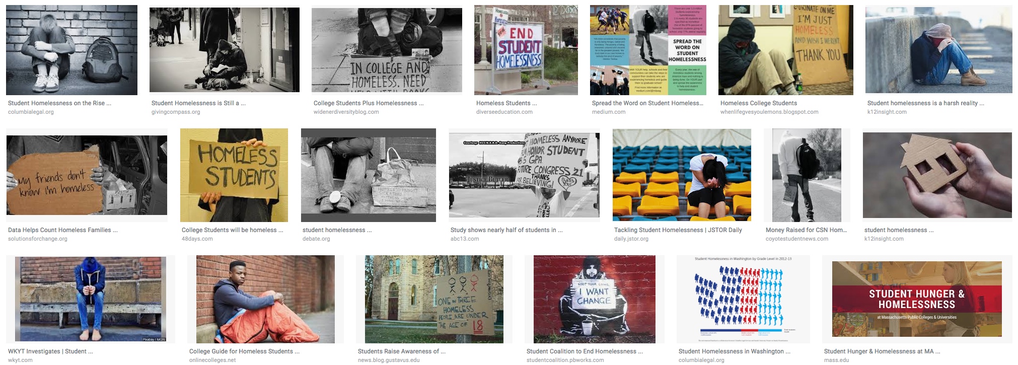 A screengrab of images which come up when you google “student homelssness.”