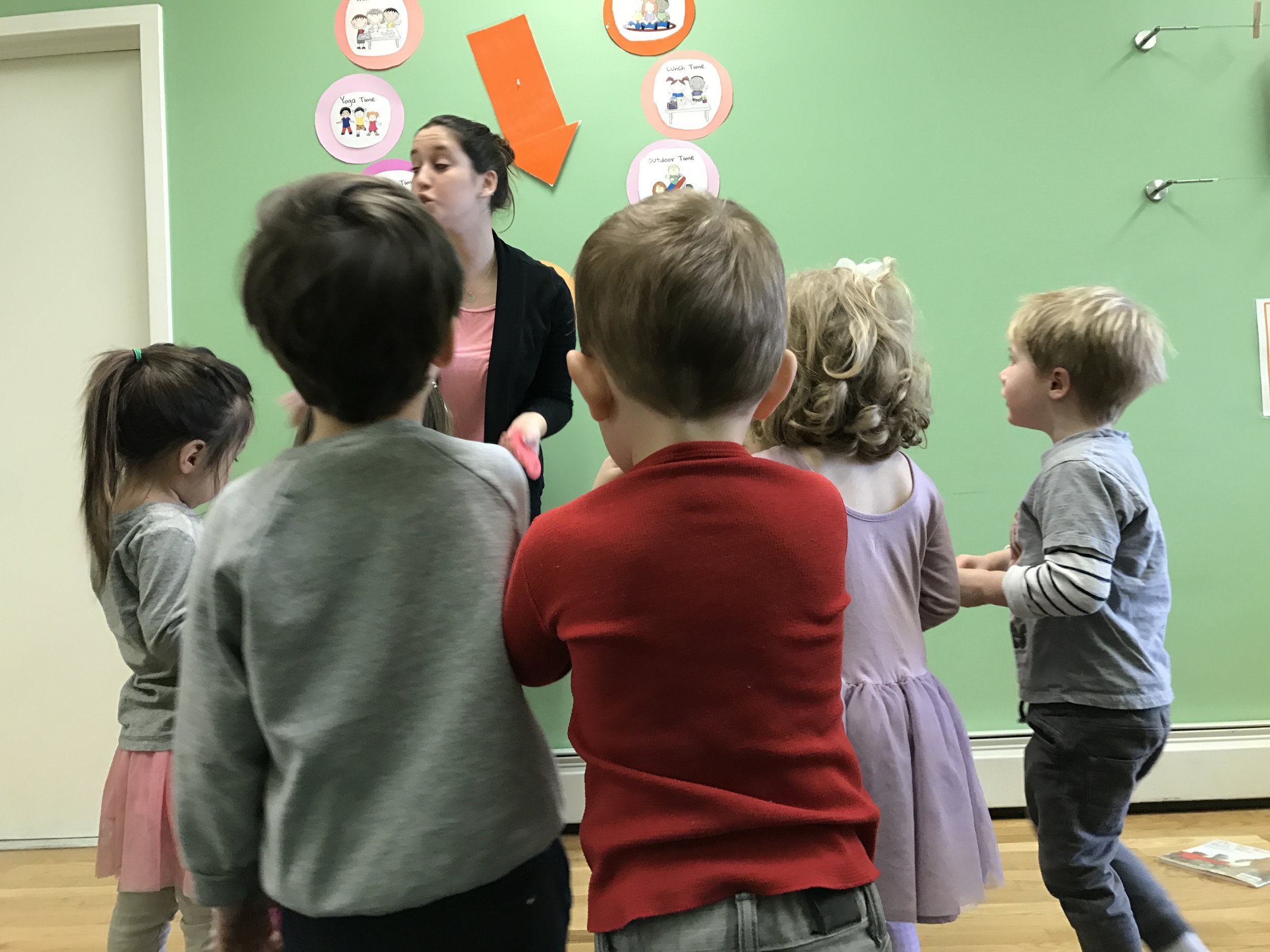 At this center we play with blocks, across the way is our giant wall clock!