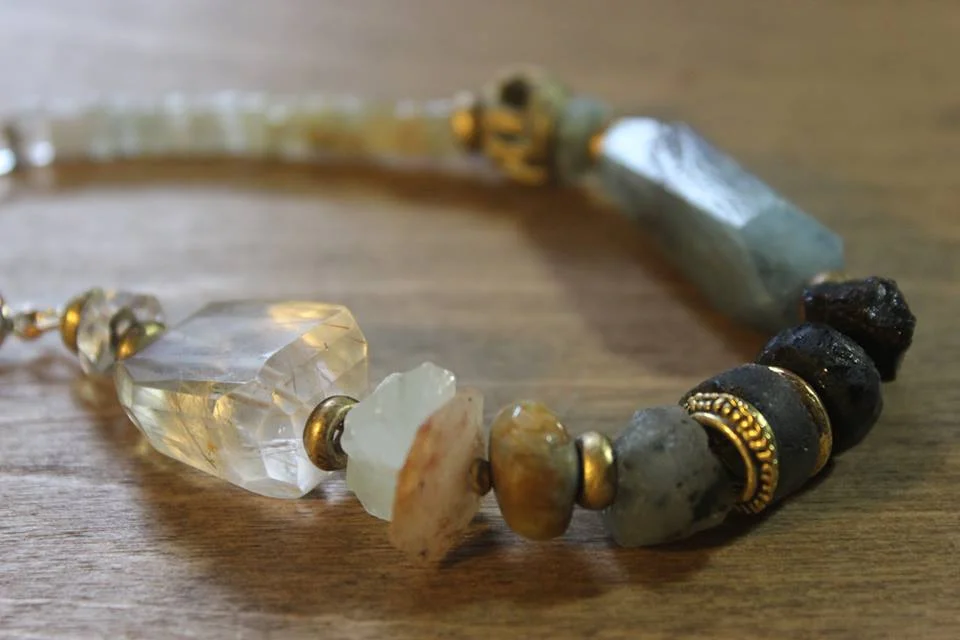 Aquamarine, Labradorite, Black Tourmaline, Kyanite, Quartz and Gold Fill Necklace