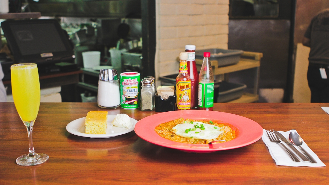 Table setting of meal with drink 