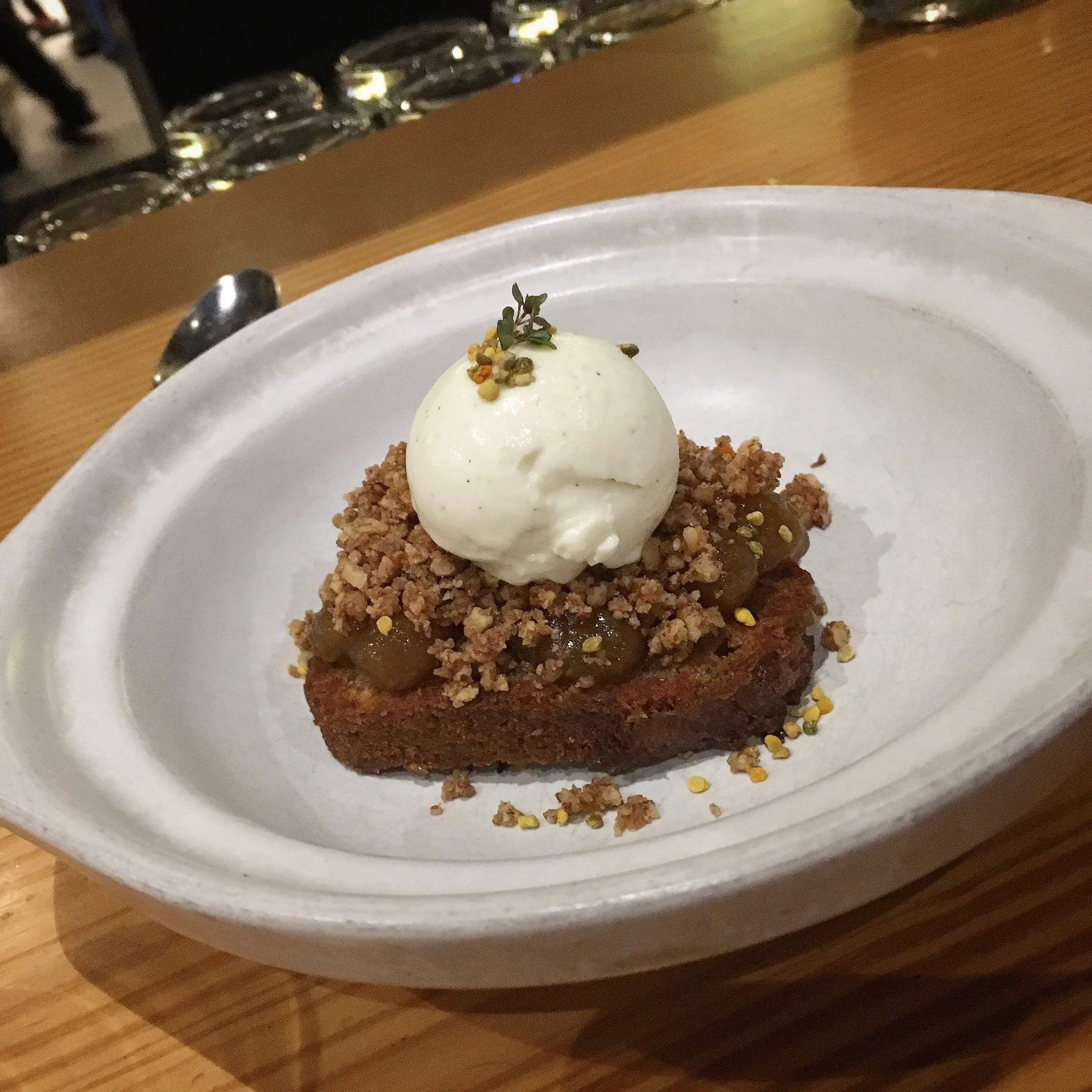 fig butter cake with pecans and vanilla bean ice cream