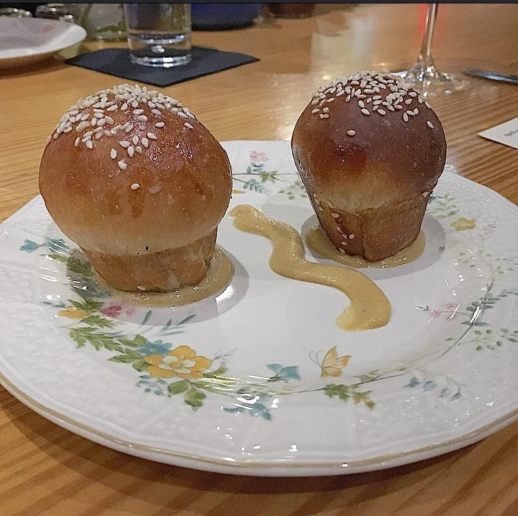 parker house rolls with mustard and pig cheek inside