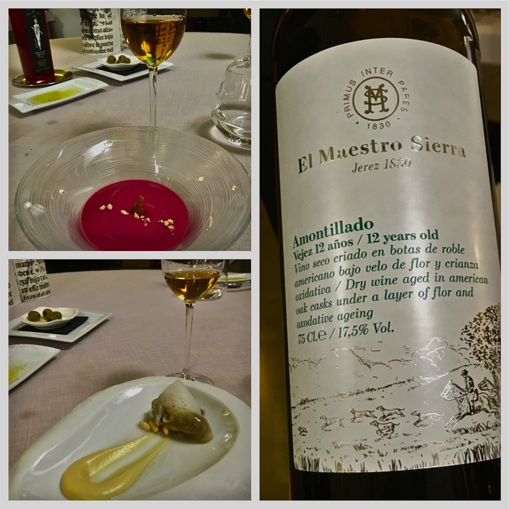 The only Michelin-starred restaurant in Seville, Abantal, serves several sherries to pair with the food. Here, a creamy beet soup and an Oyster with cauliflower puree. YUM!!