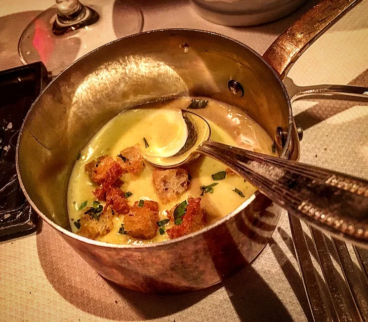 Aioli with crispy croutons to mix into the broth.