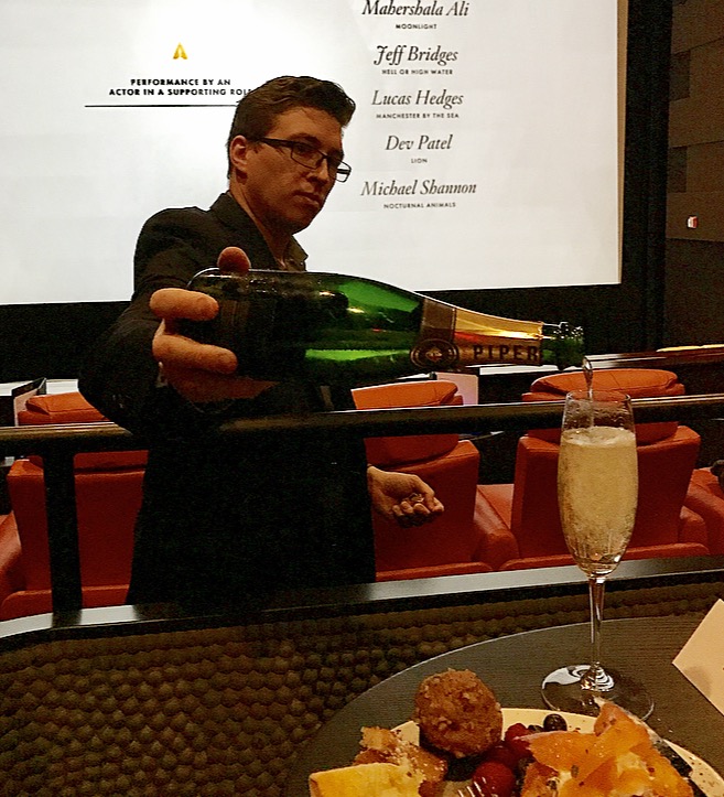 The knowledgeable and friendly Beverage Manager, Maximilien Grange, pouring Piper-Heidsieck Cuvee Brut during the Oscar Nominations announcement