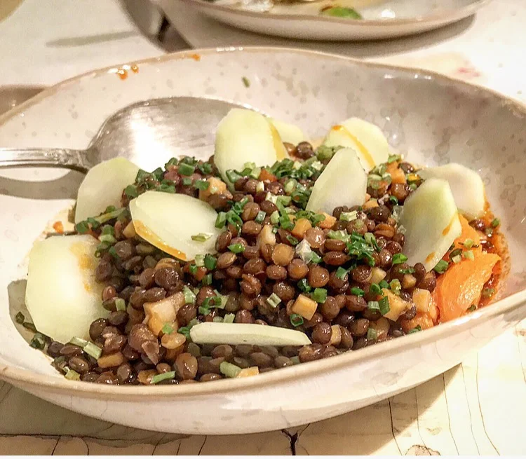 Lentils with chili oil, yams, broccoli stems and cilantro was an earthy dish with its subtle flavors all mingling together. 