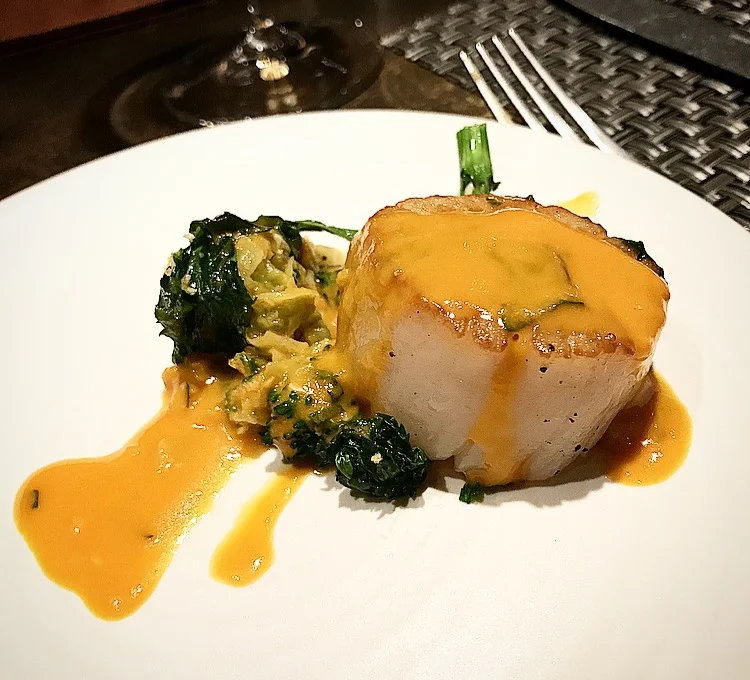 Sea Scallops with leeks, broccoli rabe, anchovy and sesame