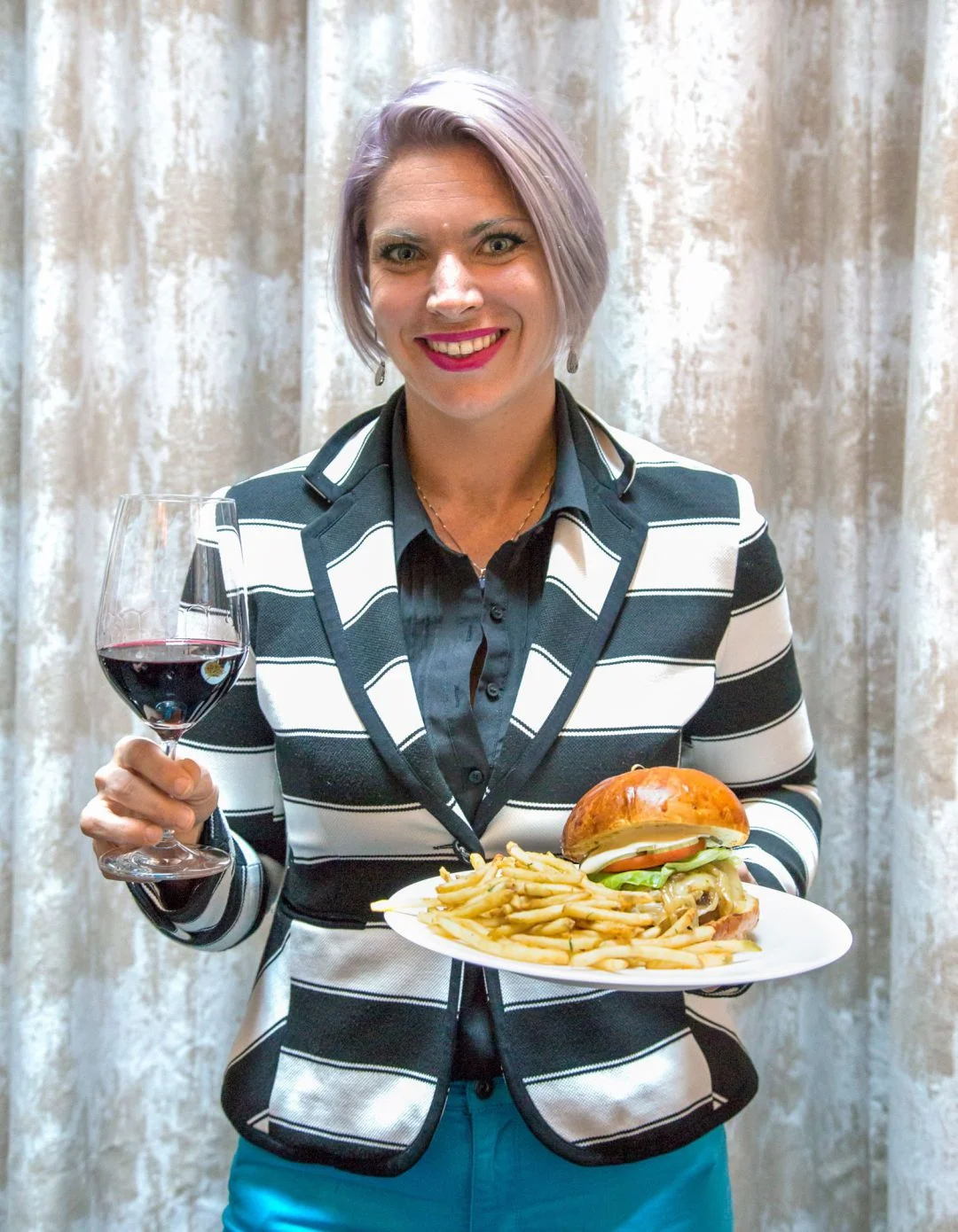Amanda Streibel, Lead Sommelier at Charlie Palmer Steak, paired the Famous 50-50 Burger (the patty is made with half bacon and half beef and topped with caramelized onion jam!) with a complex Napa Valley Cabernet Sauvignon. Amanda says that "The caramelized onion jam adds a sweet touch which complements the ripe fruit quality in the wine, which has enough oak to stand up to the heavy burger.”