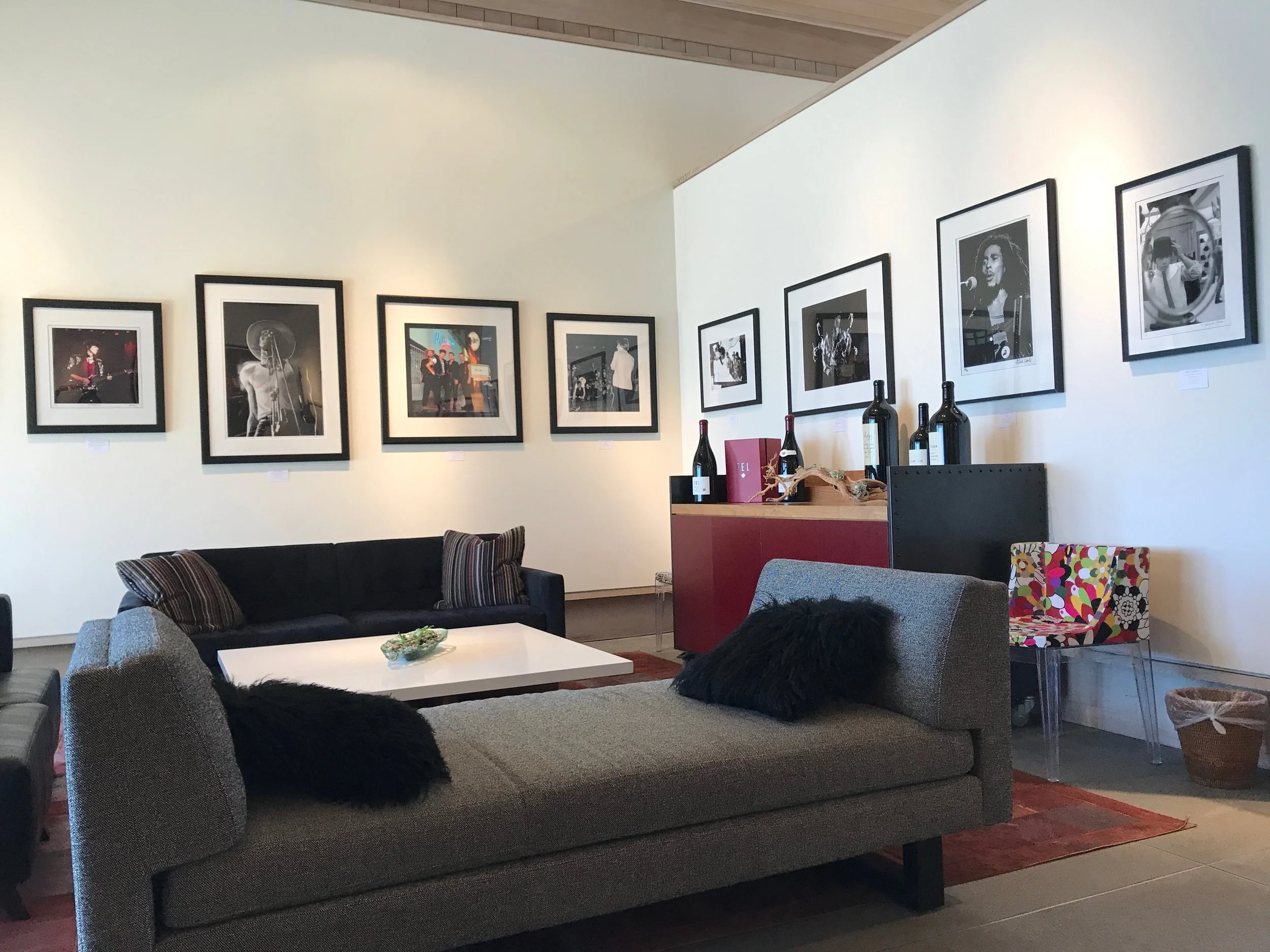 Photographs of rock stars adorn the walls of the lounge.