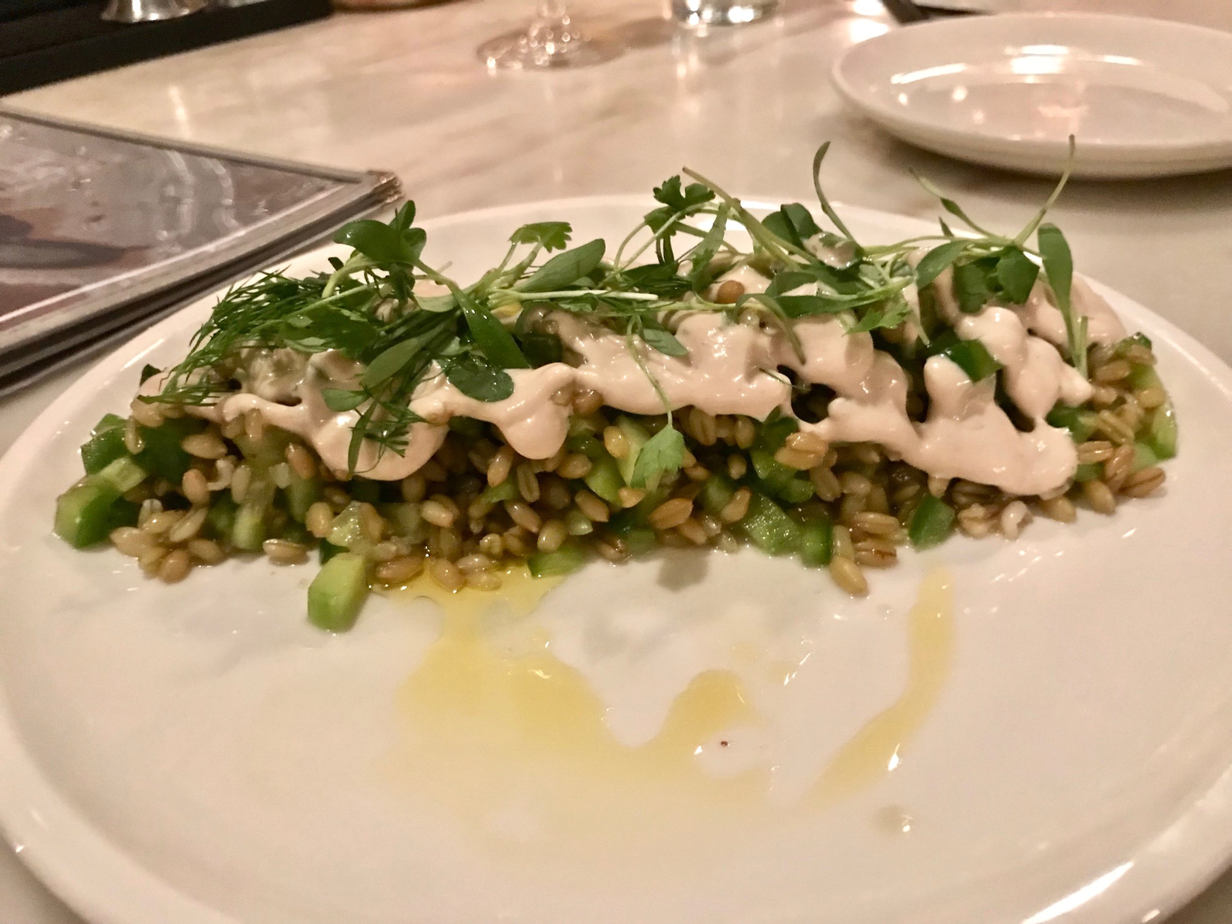 Cucumber and grain salad with tahini yogurt dressing at La Vara.