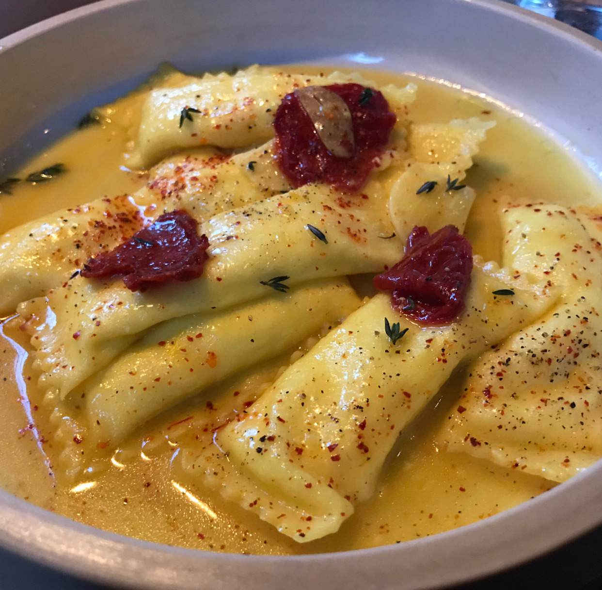 The incredible honey garlic ricotta agnolotti at Lilia.