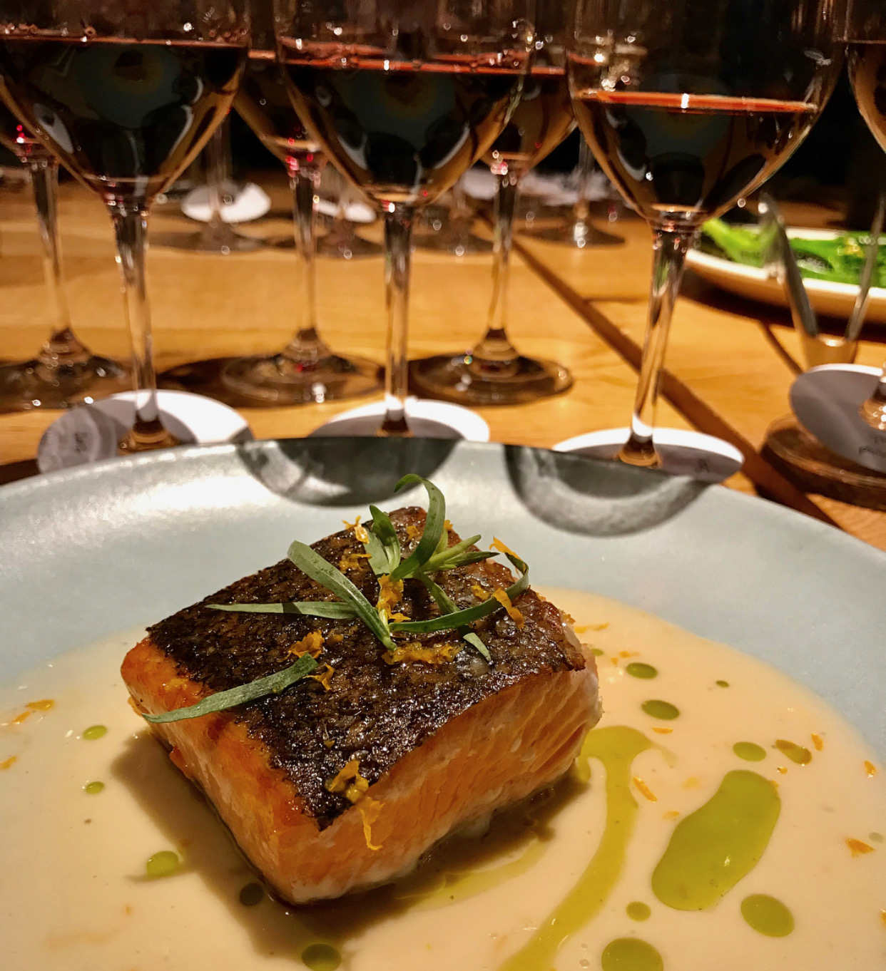 Delicous crispy-skinned salmon paired with Australian Shiraz at Covina.