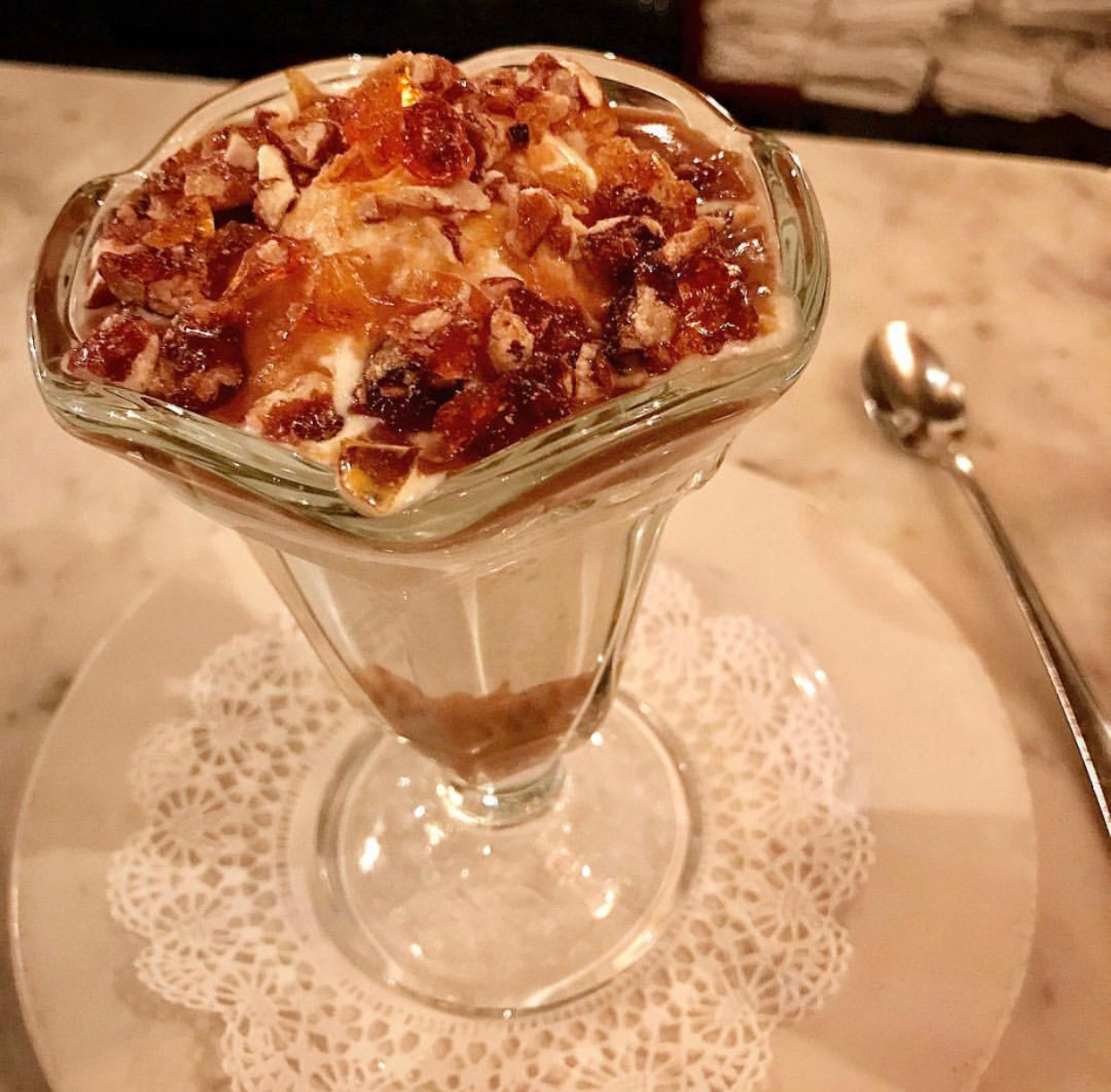 The iconic butterscotch parfait at Pearl Oyster Bar.