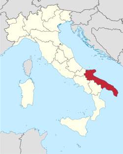 The Puglia region (red) in Southeastern Italy.