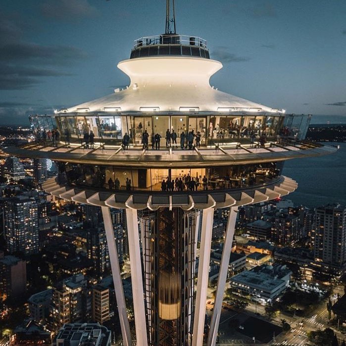 High above the city atop the Space Needle.