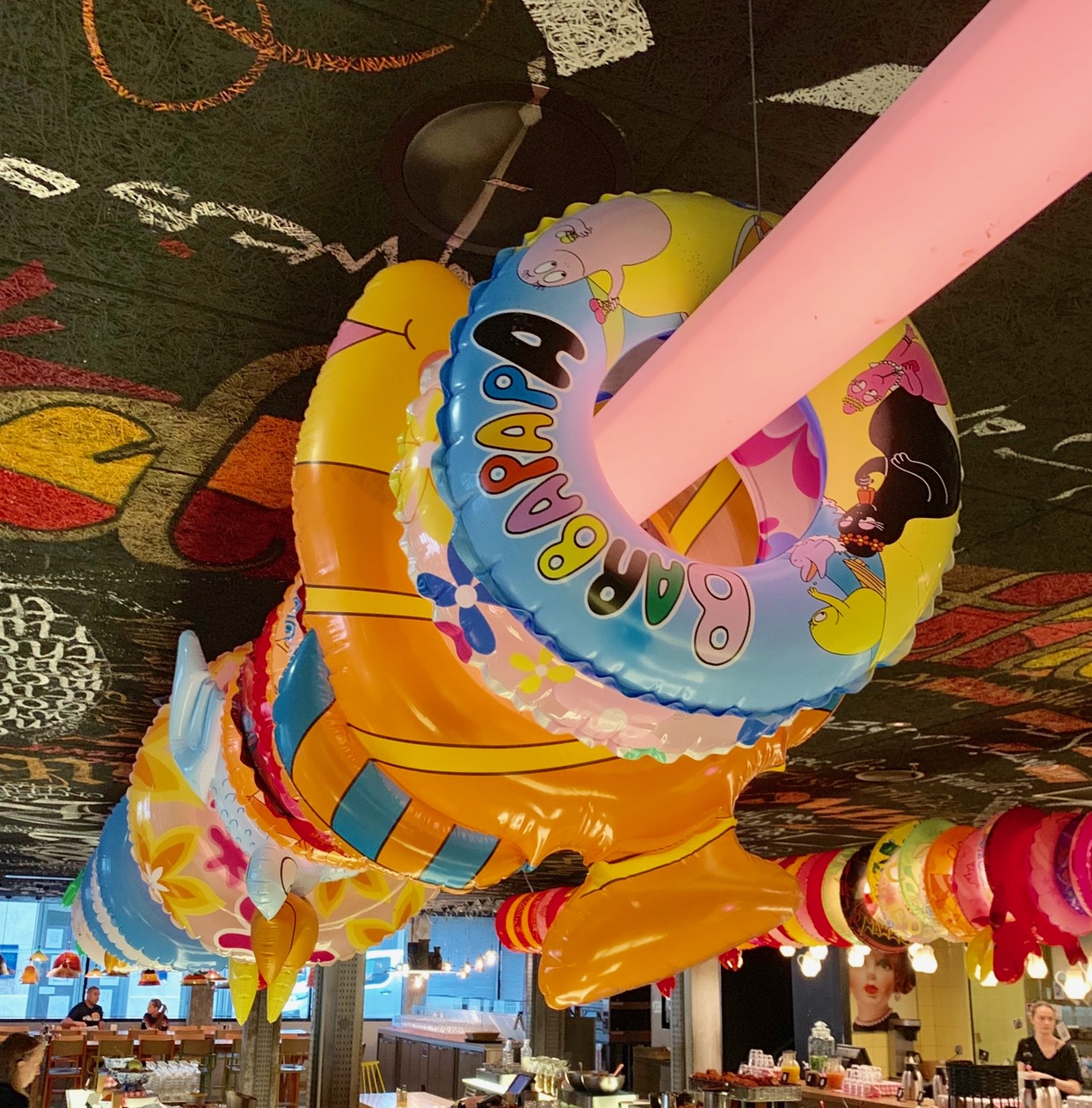 Pool party decor in the restaurant and Bar at Mama Shelter.