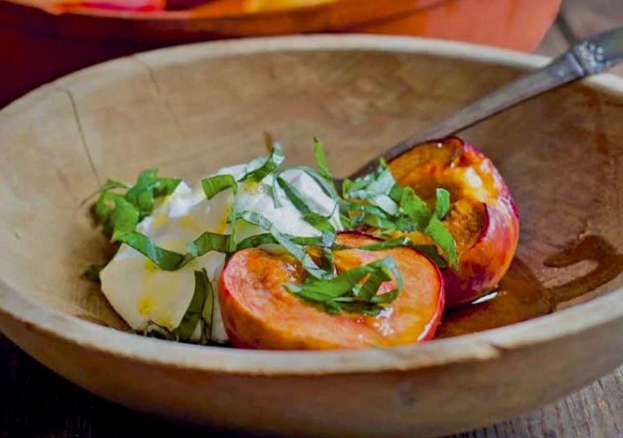 Cinnamon Basil Roasted Peaches with Washington State Riesling