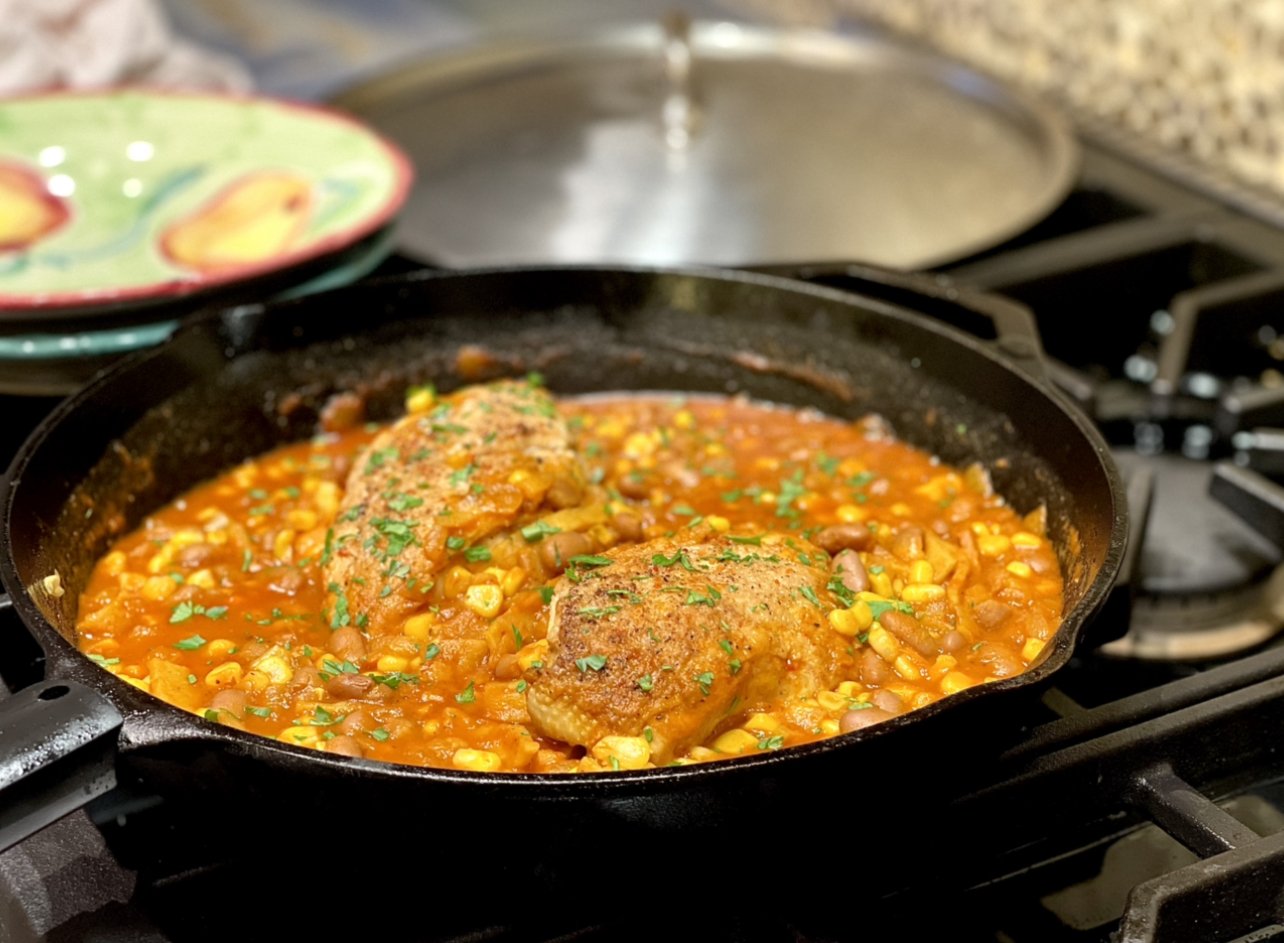 Mexican Style Chicken with Beans, Corn and Tortillas 