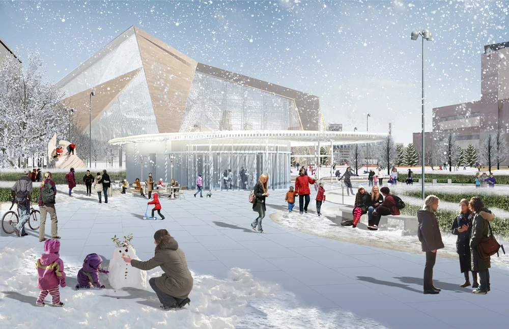 The Commons will invite year around use. This rendering shows wintertime activity against a background of the new stadium.