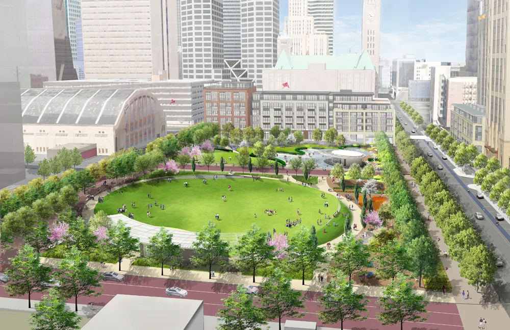 Rendering of the Commons as seen from the proposed U.S. Bank Stadium. The great lawn is the main feature of the eastern block, while gardens and woodland identify the western block. 