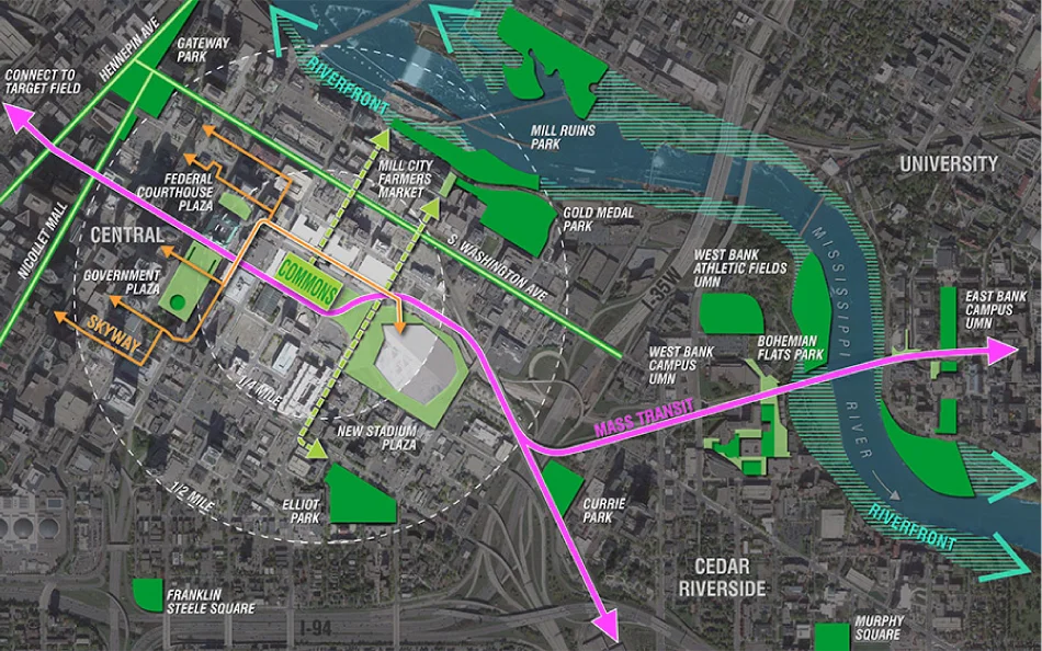 The Commons is a the heart of a revitalization plan for the East Downtown section of Minneapolis.
